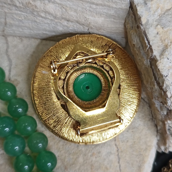 Vintage Green Aventurine Jewelry Set pearl turquoise Necklace Earrings Brooch - Picture 8 of 11